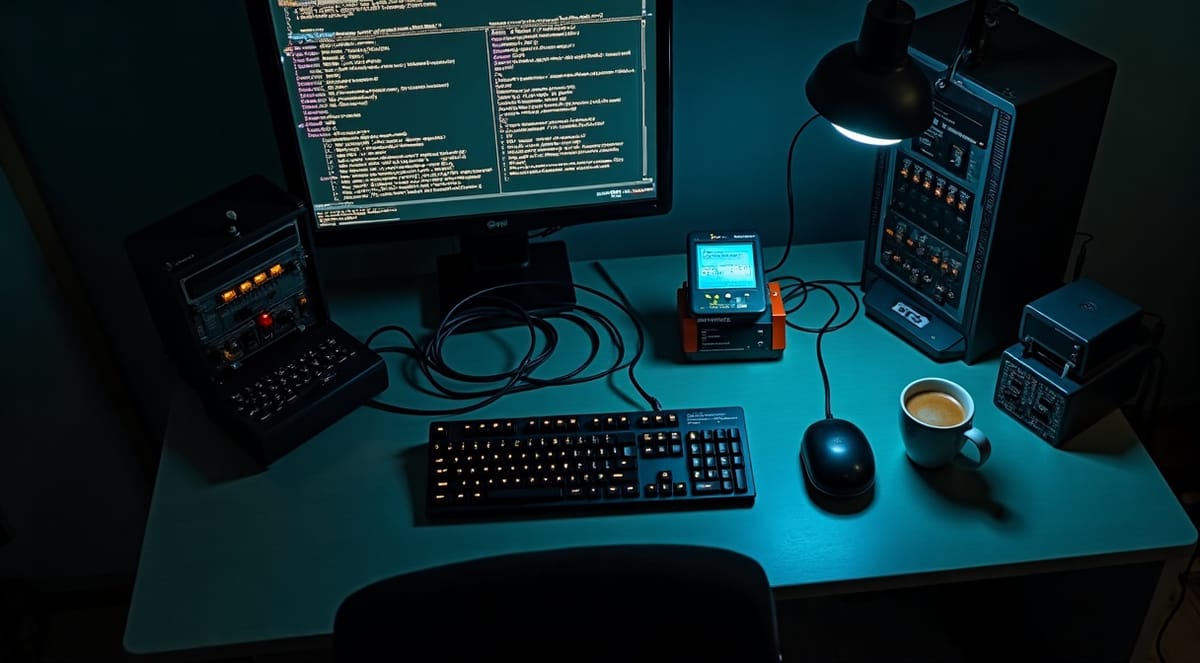 Workbench with patch panel, cables, and a glowing terminal screen