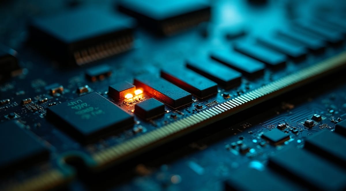 Macro of a RAM stick with one chip glowing amber among teal ones
