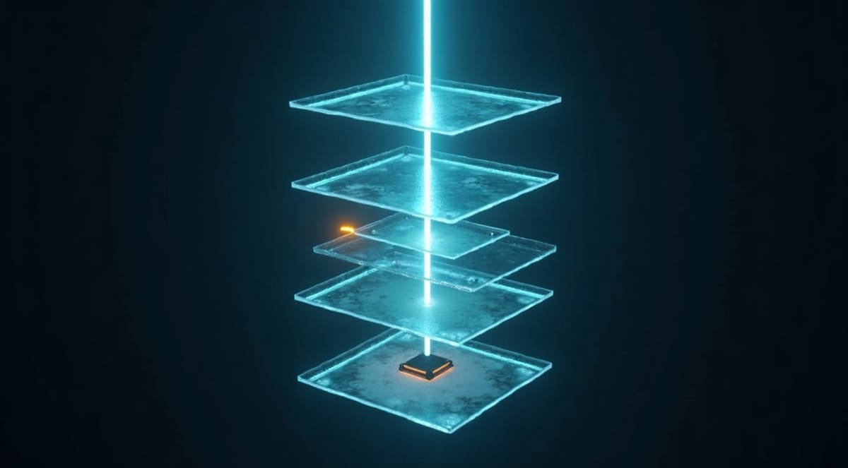 Six stacked translucent network layers with a single light beam passing through all of them