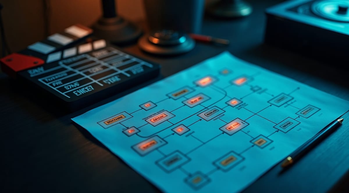 Clapperboard beside a glowing flowchart of production stages, one stage highlighted