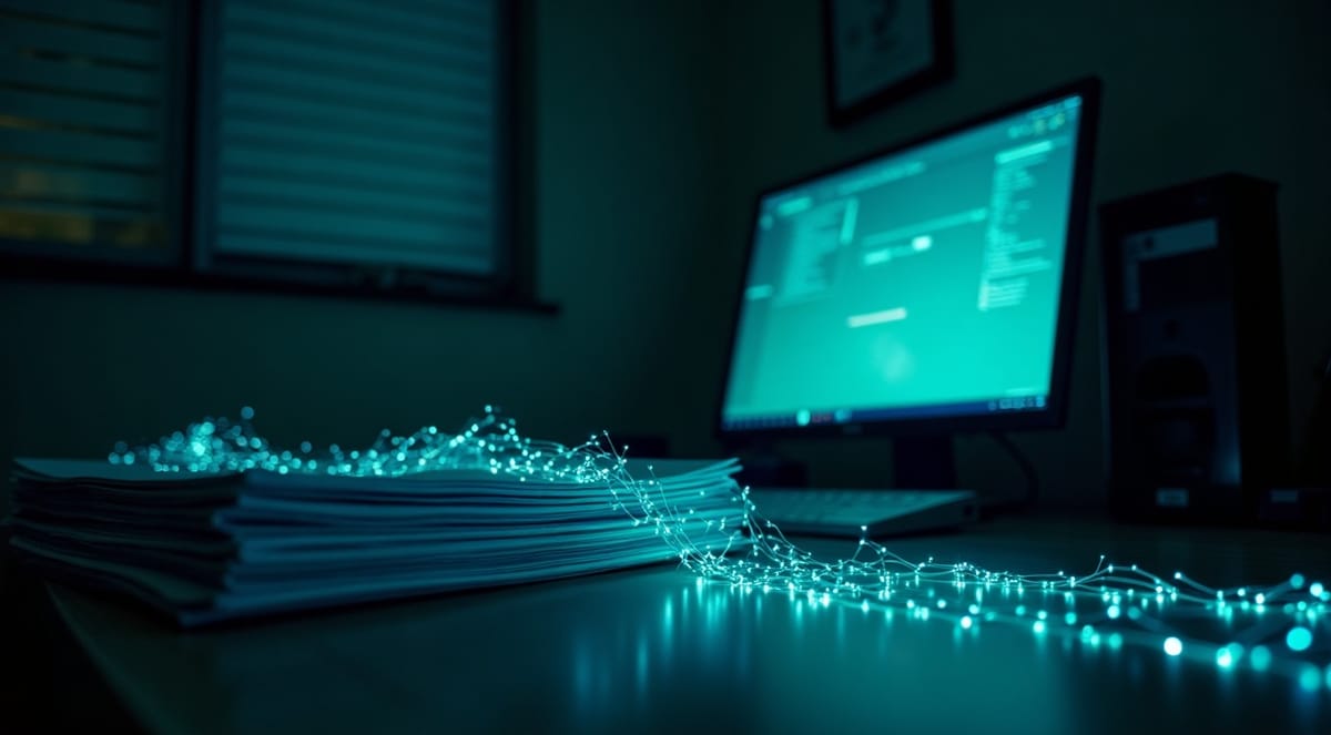 Paper title documents on a desk turning into streams of glowing digital data at night