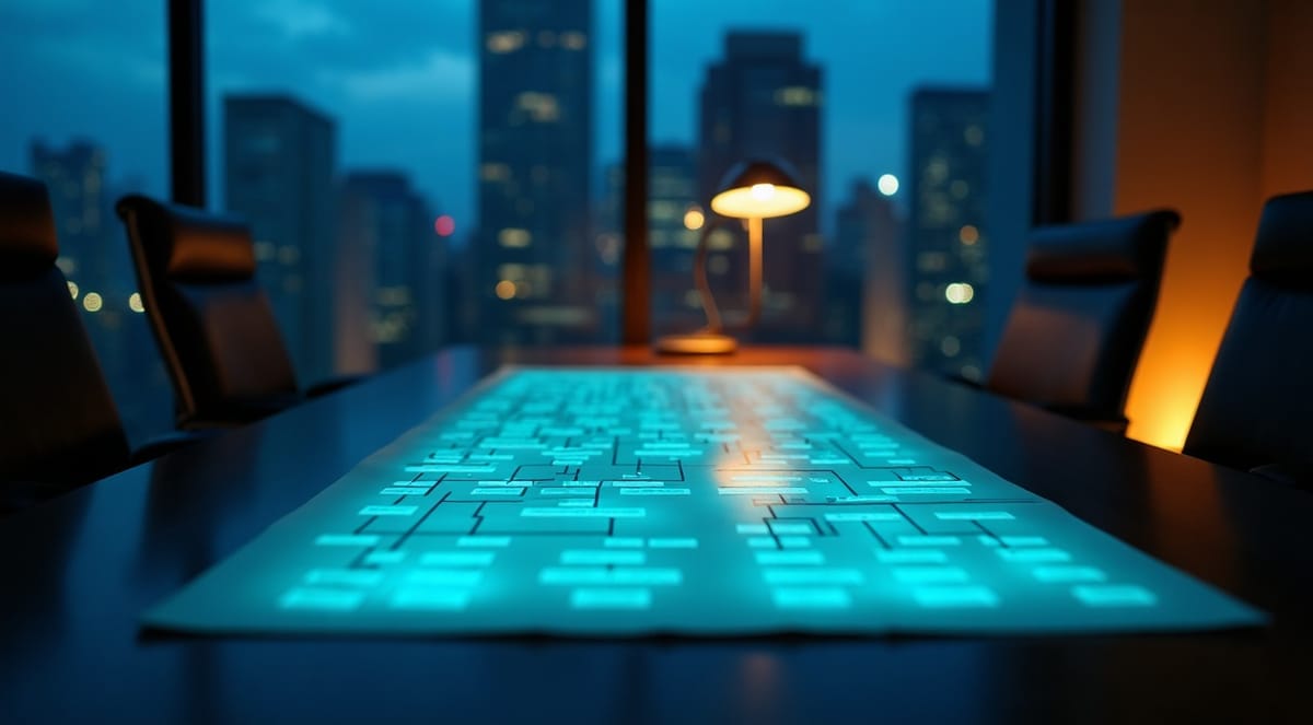 Conference table at blue hour with a glowing workflow diagram on paper
