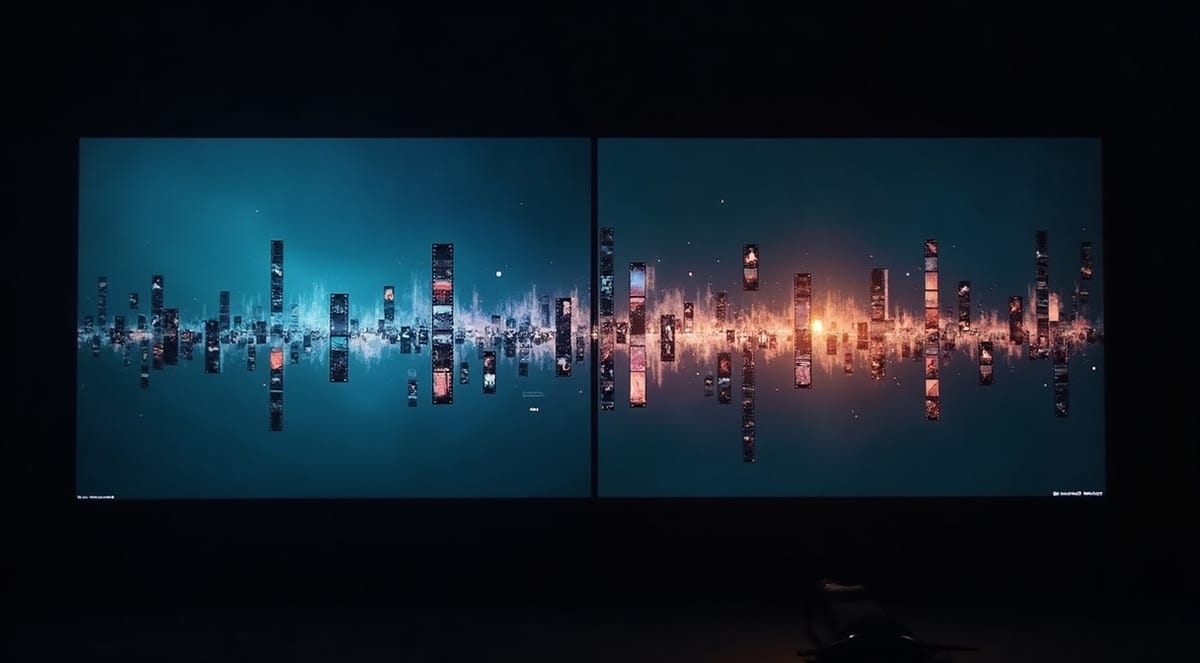 Video editing timeline splitting into vertical phone screens in a dark studio