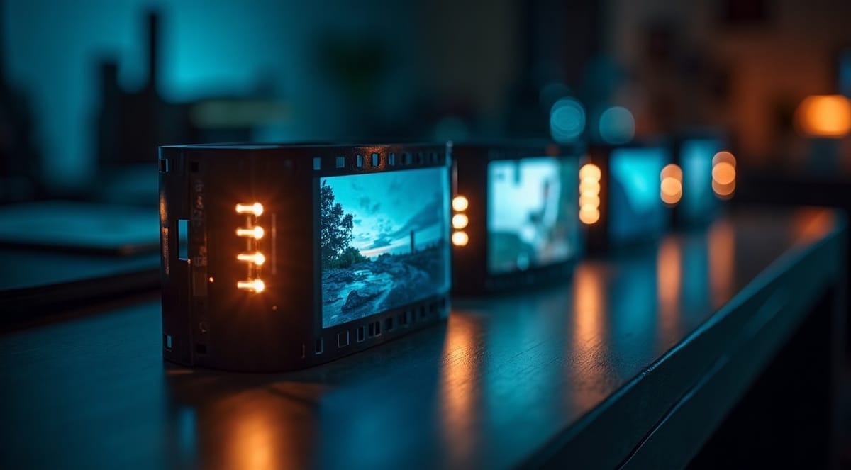 Film strip transforming into a row of glowing vertical phone screens