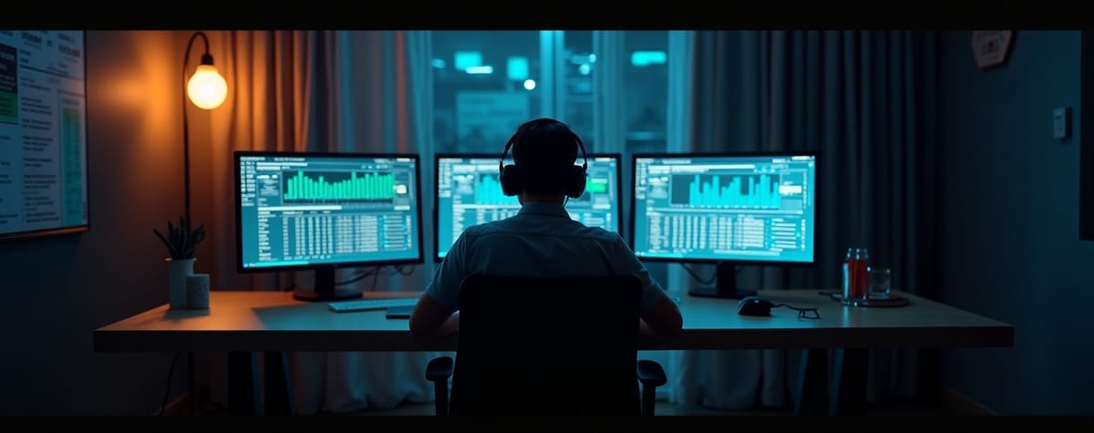 Engineer's desk with three monitors of teal dashboards at night