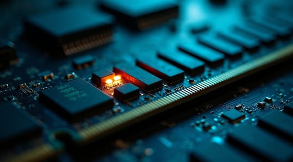 Macro of a RAM stick with one chip glowing amber among teal ones