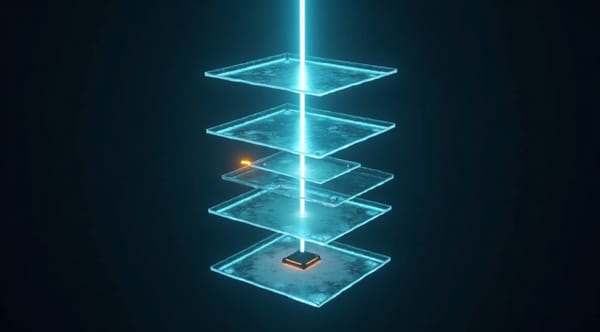 Six stacked translucent network layers with a single light beam passing through all of them