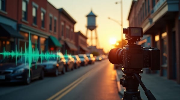 Video camera on a tripod filming a small town main street at golden hour