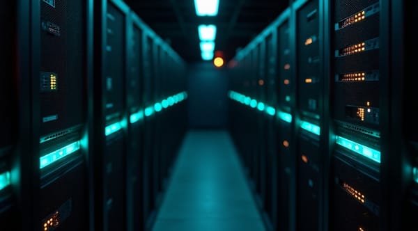 Dark server room aisle with teal fiber light trails and one amber status light
