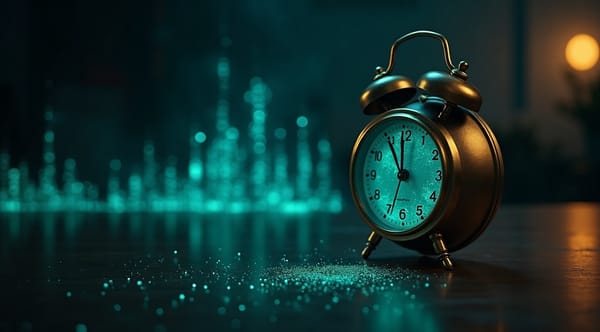 A desk clock dissolving into streams of data that reassemble into an orderly ledger