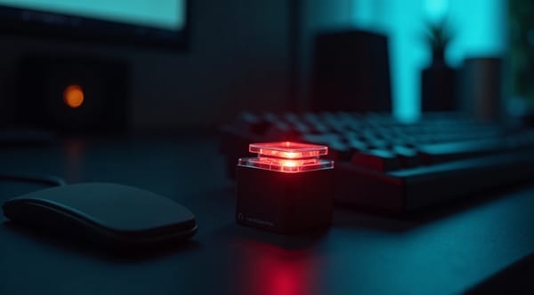A red button under a clear safety cover on a dark desk