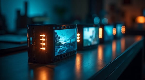 Film strip transforming into a row of glowing vertical phone screens