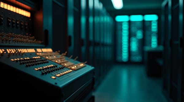 Vintage switchboard cables merging into a modern server rack with teal LEDs