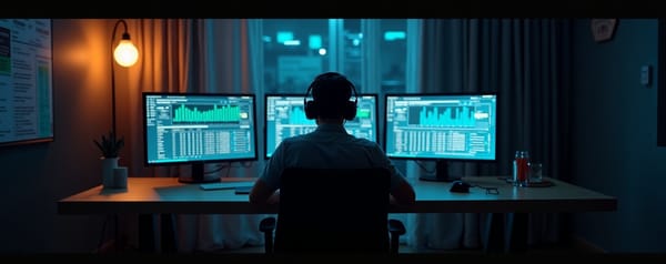 Engineer's desk with three monitors of teal dashboards at night